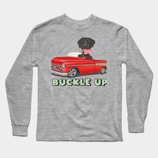 Cute Black labrador Retriever driving Classic Red Truck Long Sleeve T-Shirt